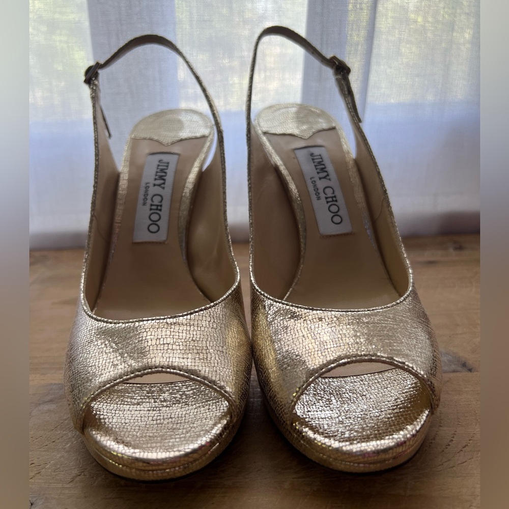 Jimmy Choo Nova Gold Peep Toe Slingback Heel in Women’s Size 37.5 New - Picture 3 of 10